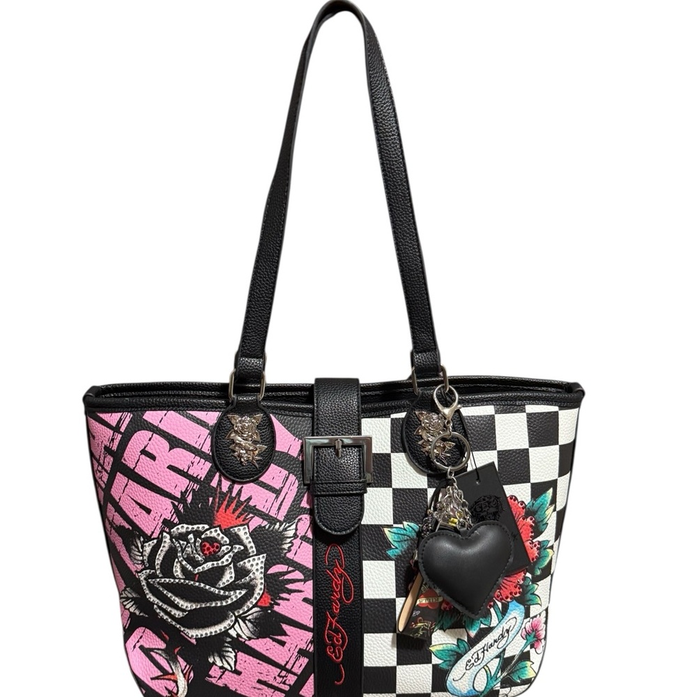 Ed Hardy Checkered Black and Pink Tote